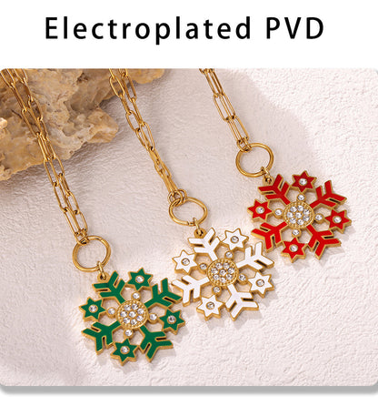 Gold Stainless Steel Christmas Snowflake Long Necklace – White, Green & Red Enamel Pendant Holiday Jewelry