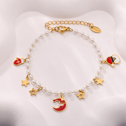 Christmas Santa Hat Star Gloves Pendant Necklace & Bracelet Set – Gold Plated Stainless Steel with Faux Pearl & Enamel