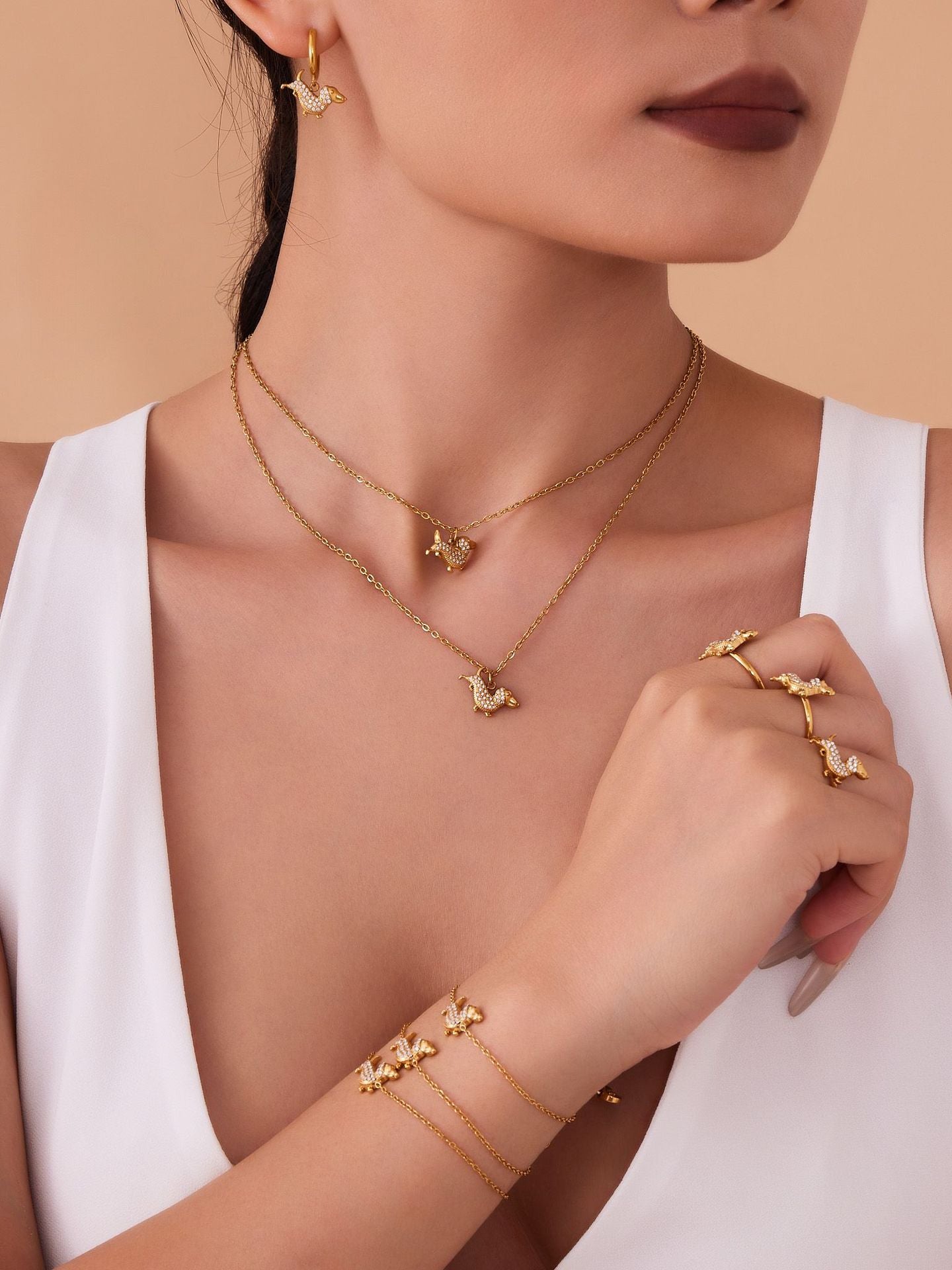 Stainless Steel Dog Zircon Jewelry Set – Necklace, Bracelet, Ring & Earrings | Cute Minimalist Fashion Jewelry | WANTI
