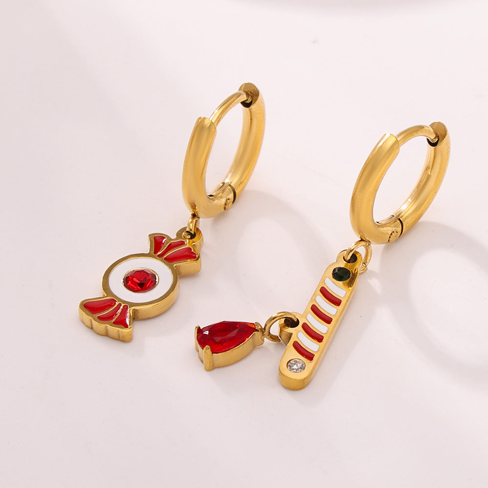 Gold Stainless Steel Christmas Candy Apple Multi-Layer Necklace, Bracelet & Asymmetric Earrings – Holiday Jewelry Gift Set