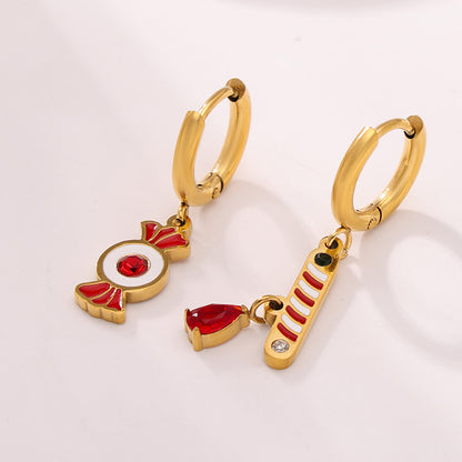 Gold Stainless Steel Christmas Candy Apple Multi-Layer Necklace, Bracelet & Asymmetric Earrings – Holiday Jewelry Gift Set