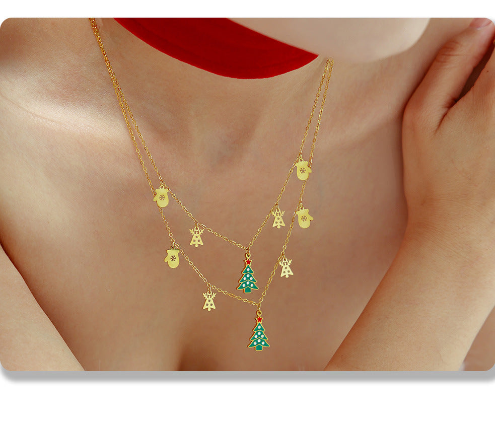 Gold Stainless Steel Christmas Necklace | Green Christmas Tree Pendant with Oil Drop & Zircon