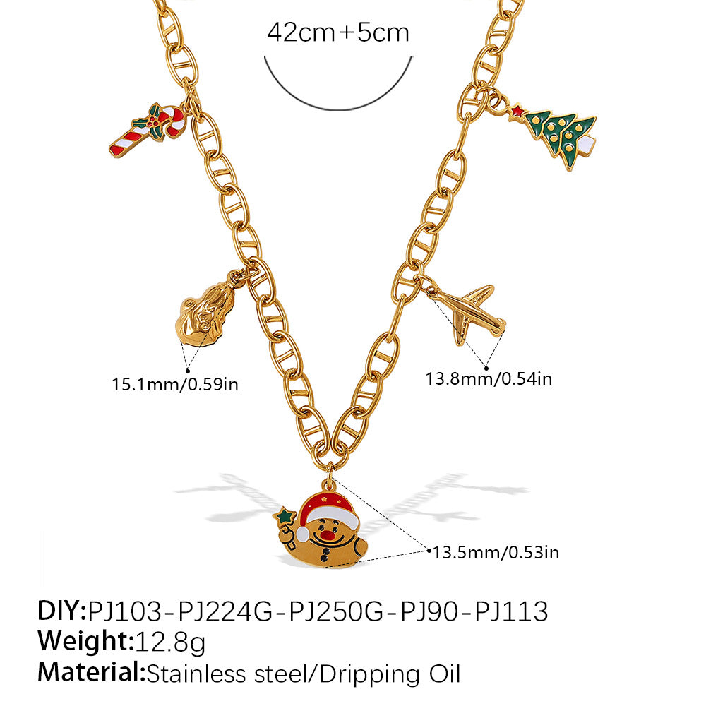 Halloween Christmas Gold Plated Stainless Steel Necklace - Heart Tree Tassel Pendant - Drip Oil Design - Minimalist Fashion Jewelry for Women