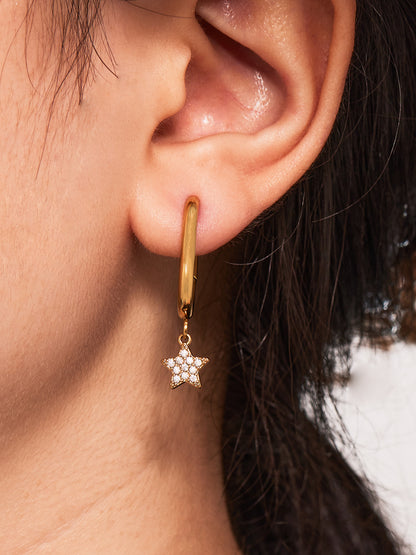 Gold Stainless Steel Five-Pointed Star Zirconia Hoop Earrings Set | Layered Star Earrings | High-Shine Statement Jewelry for Women