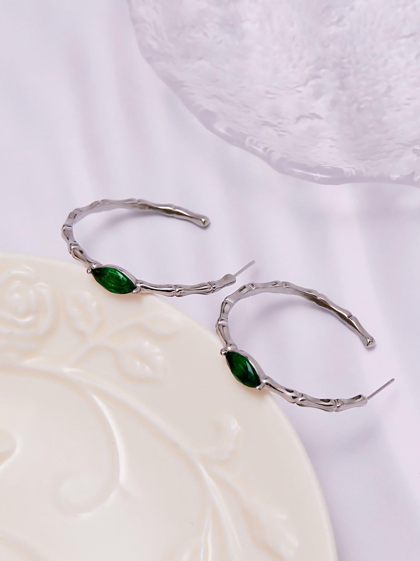 Geometric Bamboo C-Shaped Hoop Earrings with Glass Stone | Minimalist Stainless Steel Jewelry