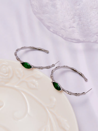Geometric Bamboo C-Shaped Hoop Earrings with Glass Stone | Minimalist Stainless Steel Jewelry