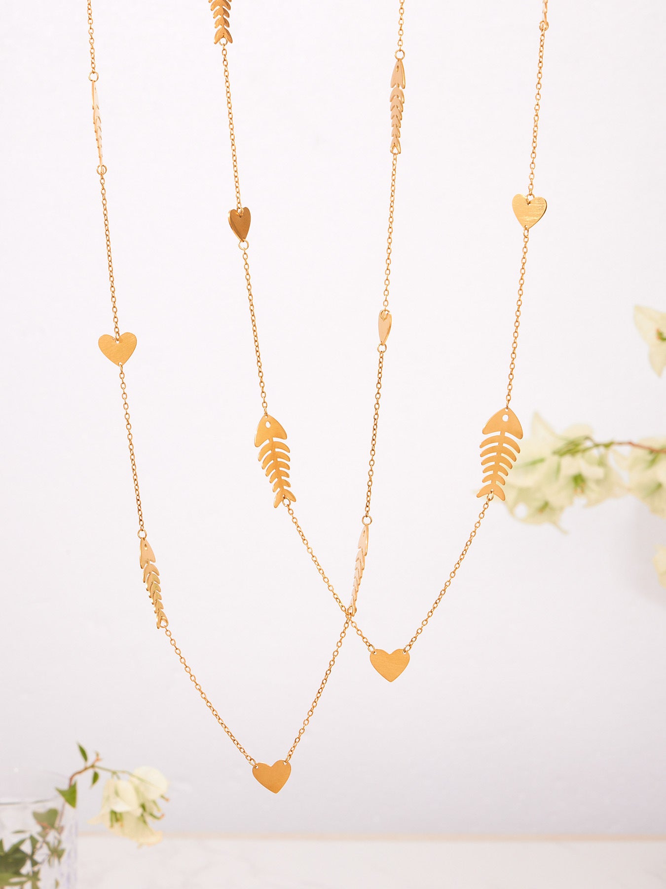 Hollow Fishbone Heart Necklace, Earrings & Ring Set – Long Sweater Chain Jewelry, Fashion Statement Set for Women