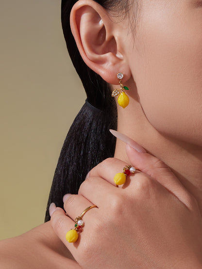 Stainless Steel Resin Lemon Zircon Pendant Necklace, Earrings, Bracelet & Ring Jewelry Set