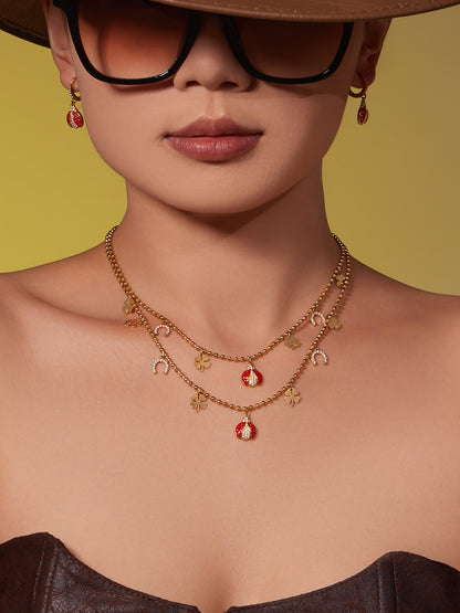 Ladybug Pendant Necklace & Earrings Bracelet Anklet Set – Stainless Steel Cute Lucky Beetle Jewelry