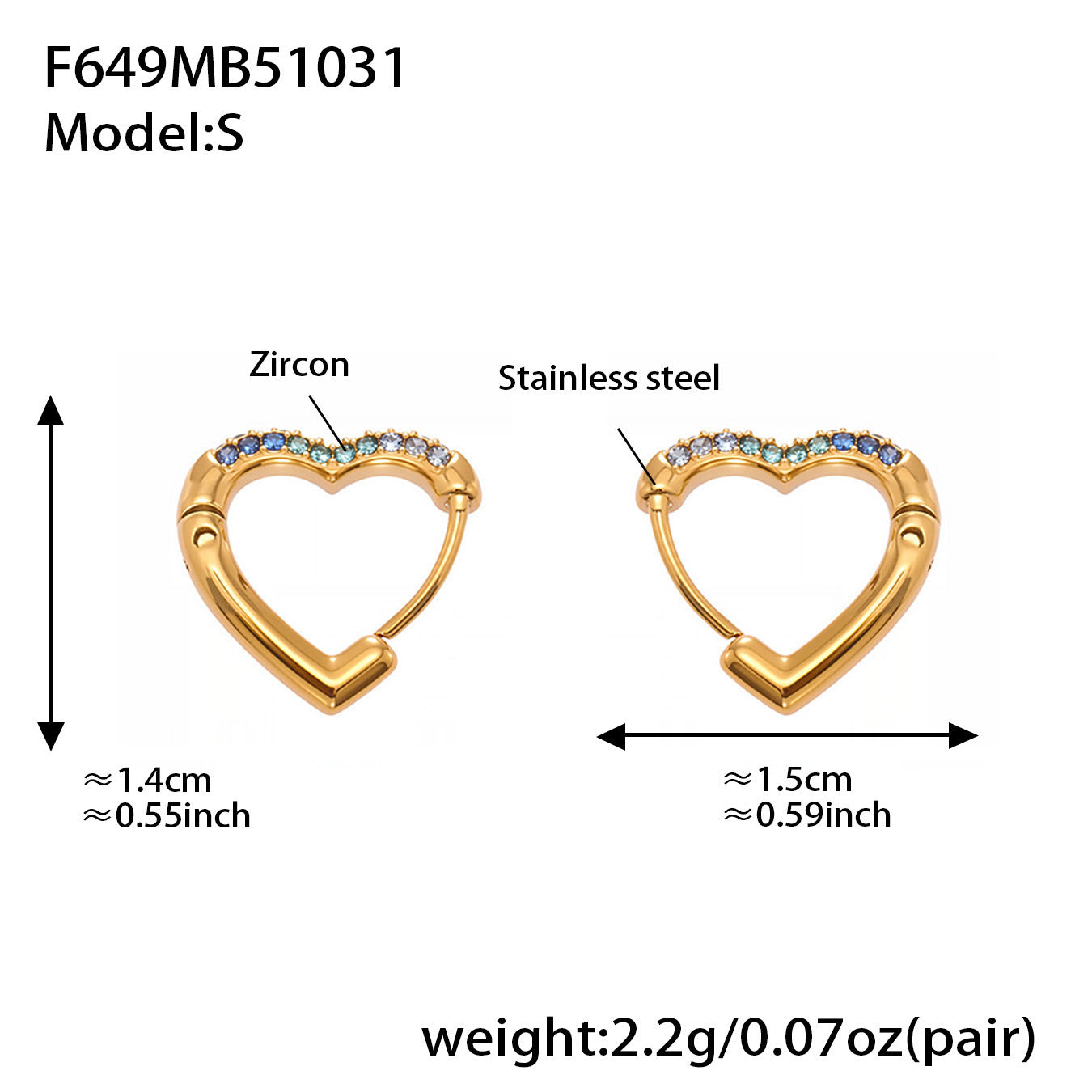Colorful Cubic Zirconia Heart Hoop Earrings Set | Stainless Steel Simple Chic Ear Cuff for Women