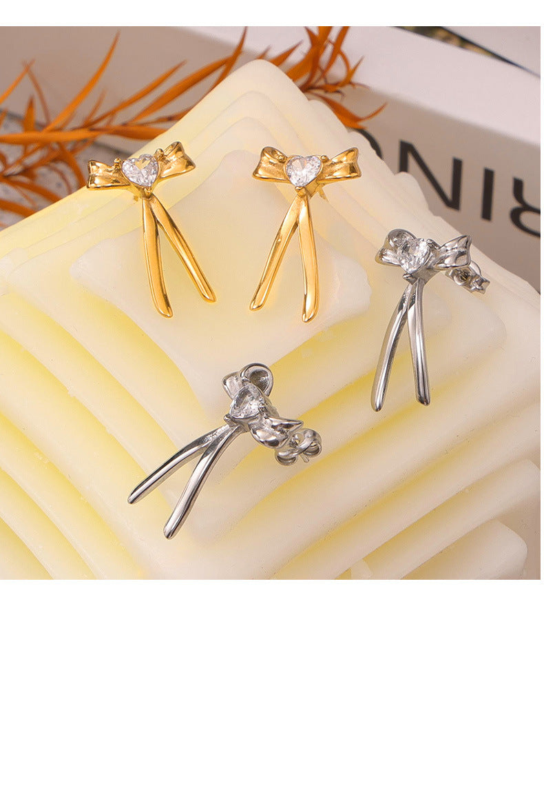 Bow-Knot Earrings with Zircon – Stainless Steel Fashion Jewelry | Cute Elegant Gift for Women | Hypoallergenic Daily Wear