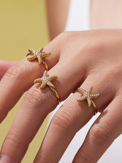 Ocean Star Pendant Necklace, Bracelet, Earrings & Ring Jewelry Set - Gold Stainless Steel