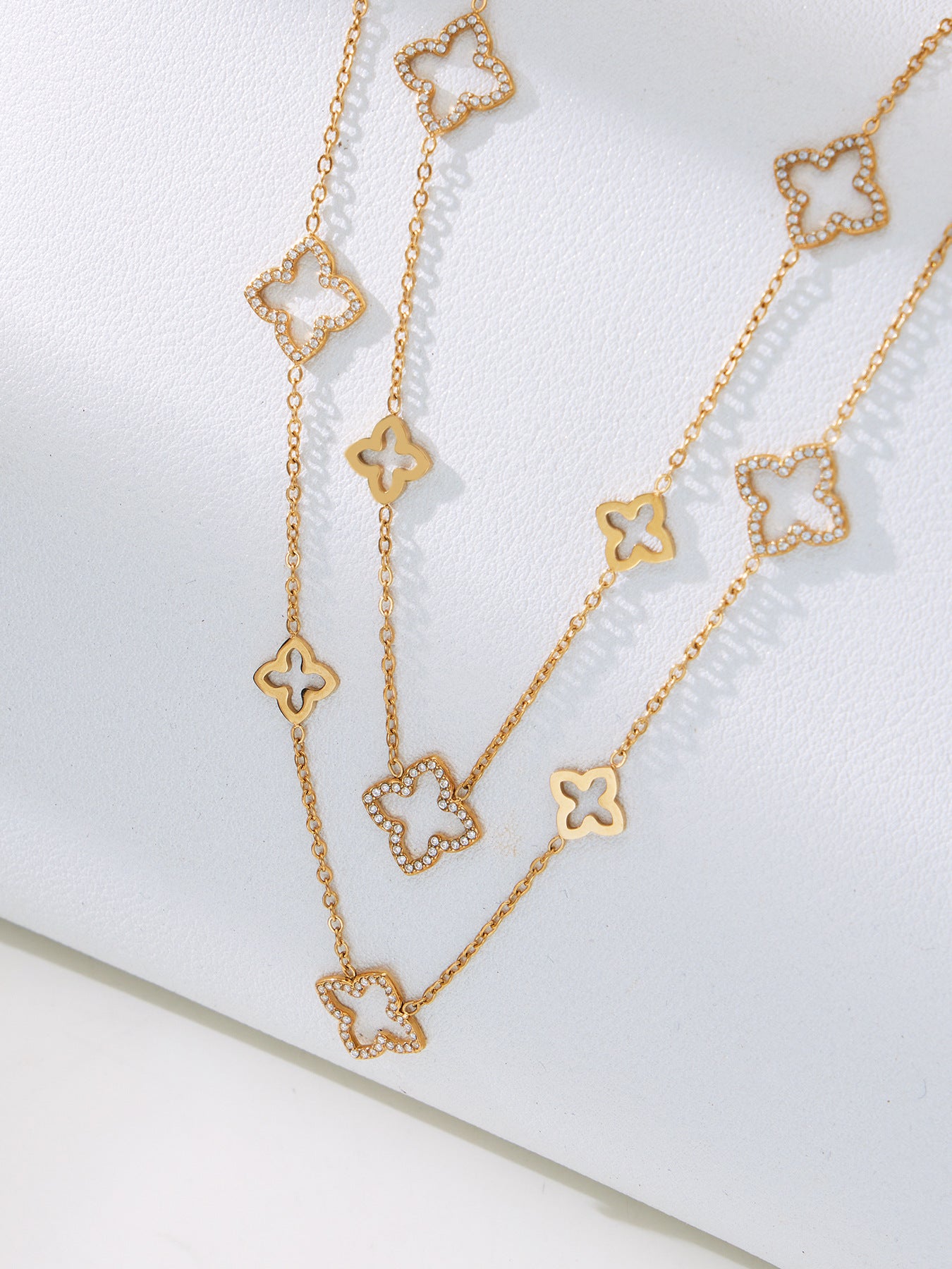 Stainless Steel Four-Leaf Clover Zirconia Jewelry Set – Necklace, Earrings & Ring | Minimalist Lucky Clover Jewelry | Fashion Stainless Steel Accessories