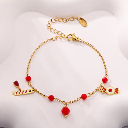 Gold Stainless Steel Christmas Candy Apple Multi-Layer Necklace, Bracelet & Asymmetric Earrings – Holiday Jewelry Gift Set