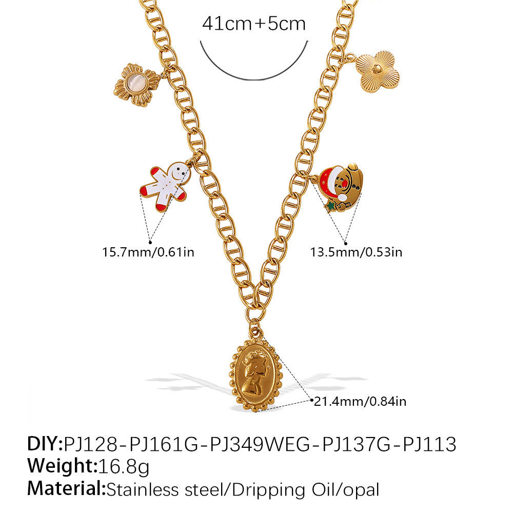 Halloween Christmas Gold Plated Stainless Steel Necklace - Heart Tree Tassel Pendant - Drip Oil Design - Minimalist Fashion Jewelry for Women