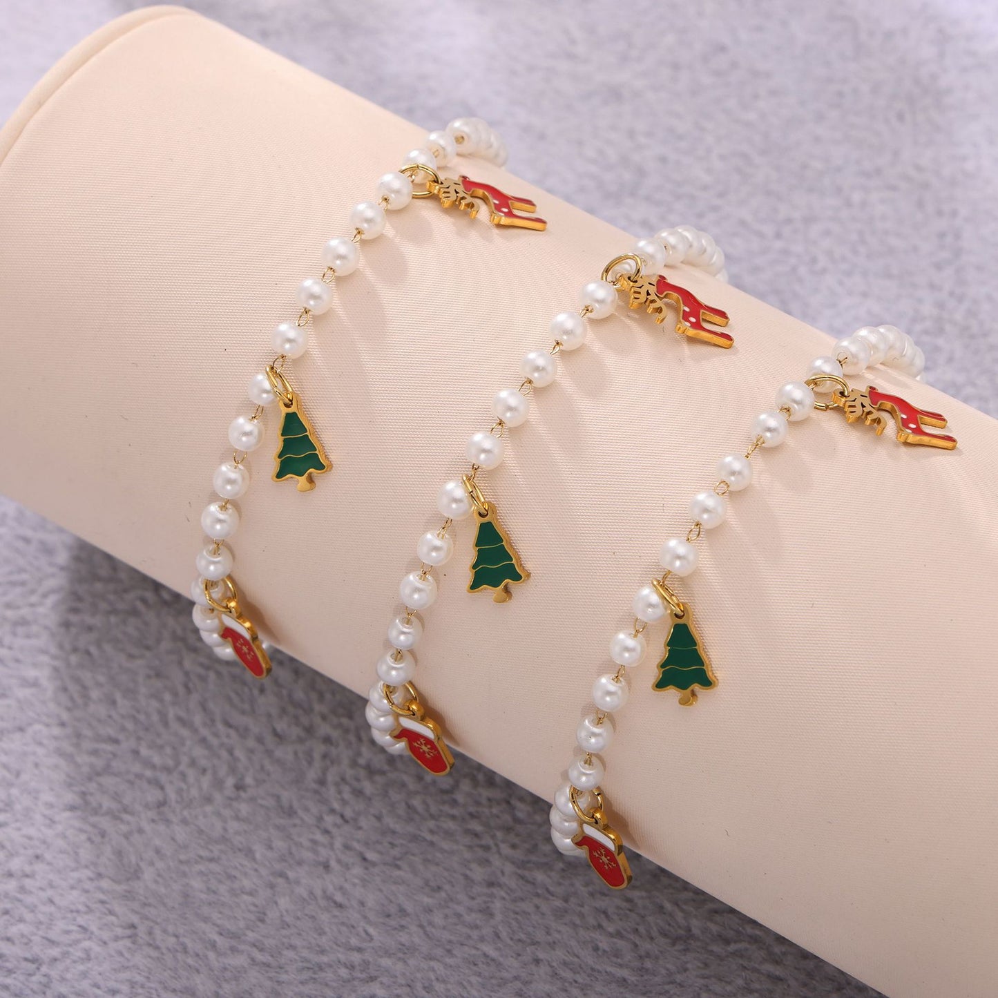 Christmas Tree Reindeer Glove Pendant Imitation Pearl Enamel Necklace & Bracelet Set – Stainless Steel Gold Plated Holiday Jewelry