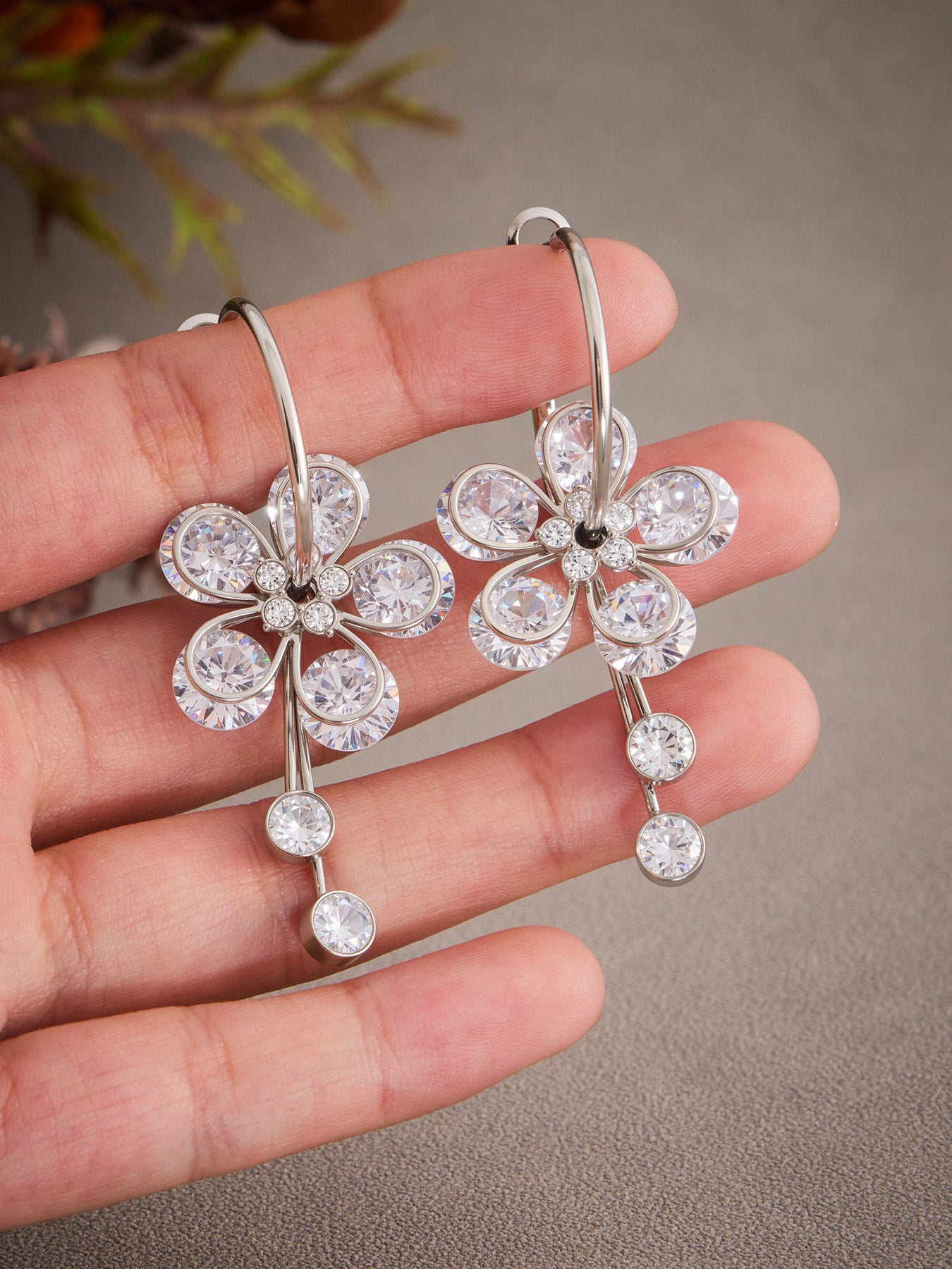 Floral Teardrop Zircon Drop Earrings – Stainless Steel Statement Jewelry for Women