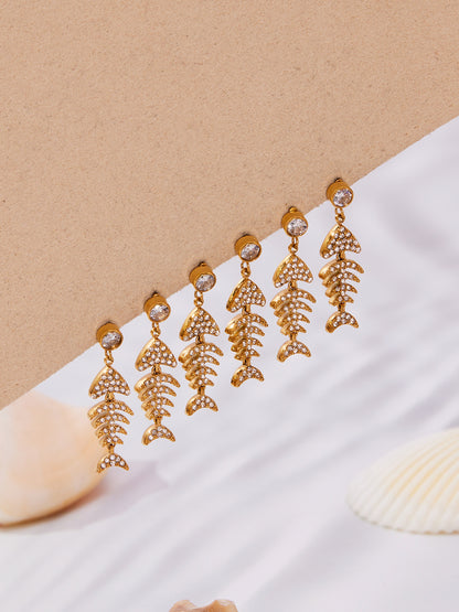 Stainless Steel Fishbone Drop Earrings & Ear Cuff Set – Modern Minimalist Statement Jewelry | WANTI