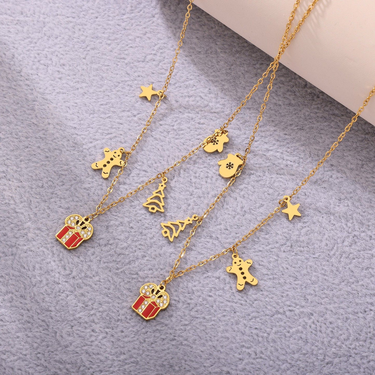 Gold Stainless Steel Christmas Necklace Collection | Reindeer, Tree, Bell, Sock, and Gift Box Oil Drop Zircon Pendants