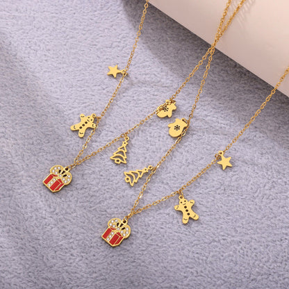 Gold Stainless Steel Christmas Necklace Collection | Reindeer, Tree, Bell, Sock, and Gift Box Oil Drop Zircon Pendants
