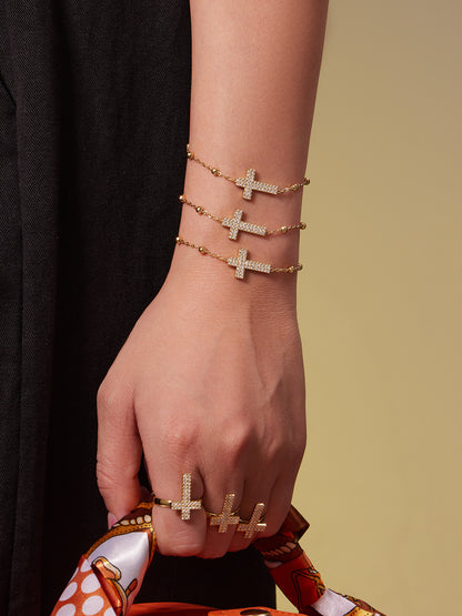 Gold Stainless Steel Cross Zirconia Necklace, Bracelet, Earrings & Ring | Minimalist Cross Jewelry Set