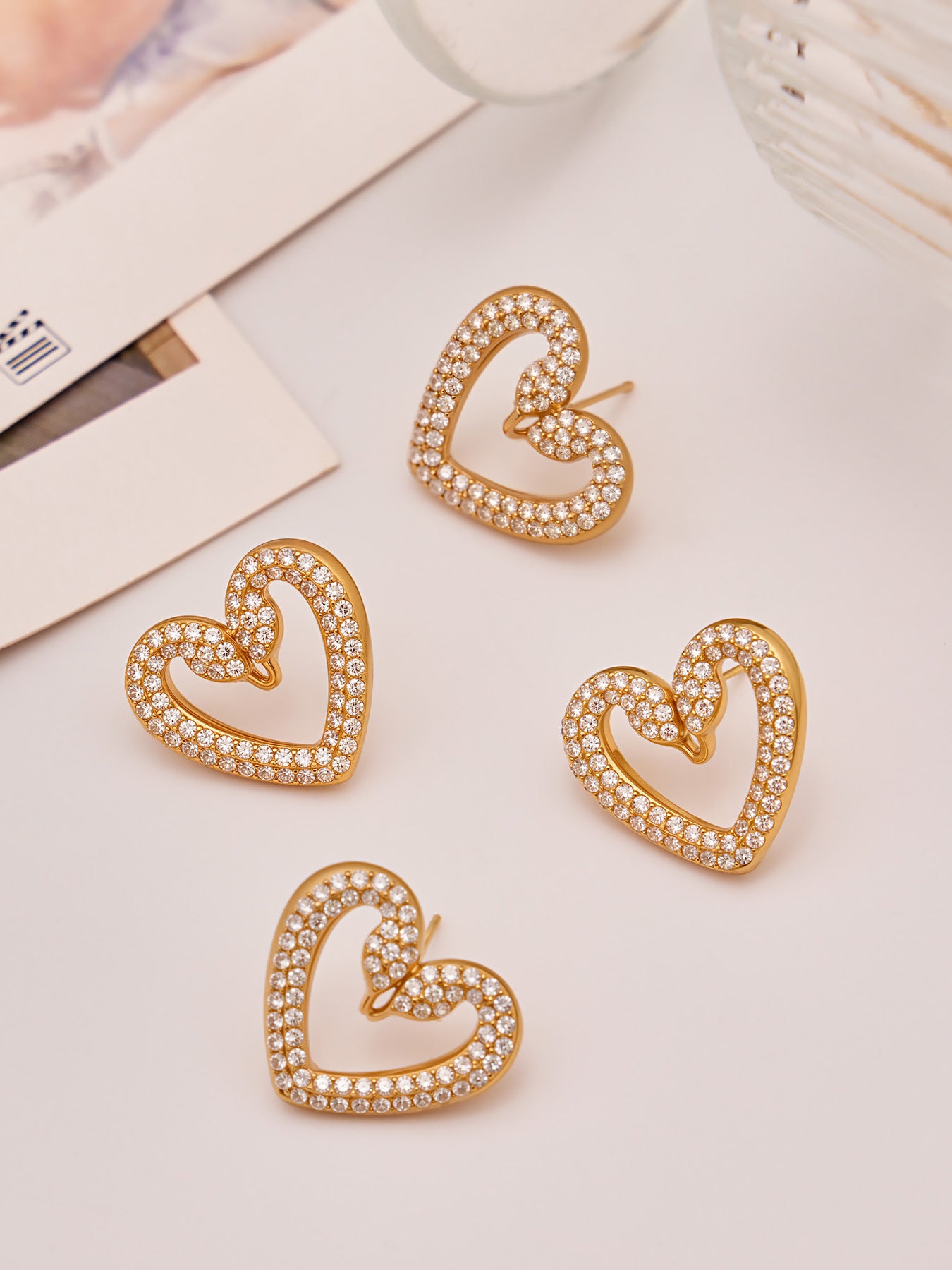 Stainless Steel Zircon Double Swan Heart Necklace, Bracelet, Ring & Earrings Jewelry Set