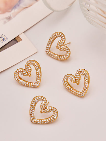 Stainless Steel Zircon Double Swan Heart Necklace, Bracelet, Ring & Earrings Jewelry Set