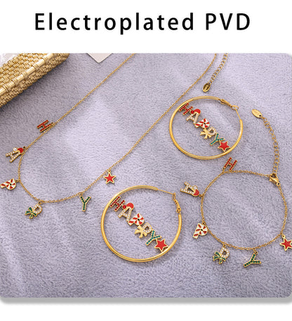 Gold Stainless Steel “HAPPY” Christmas Necklace, Bracelet & Earrings Set | Festive Gift Jewelry for Women