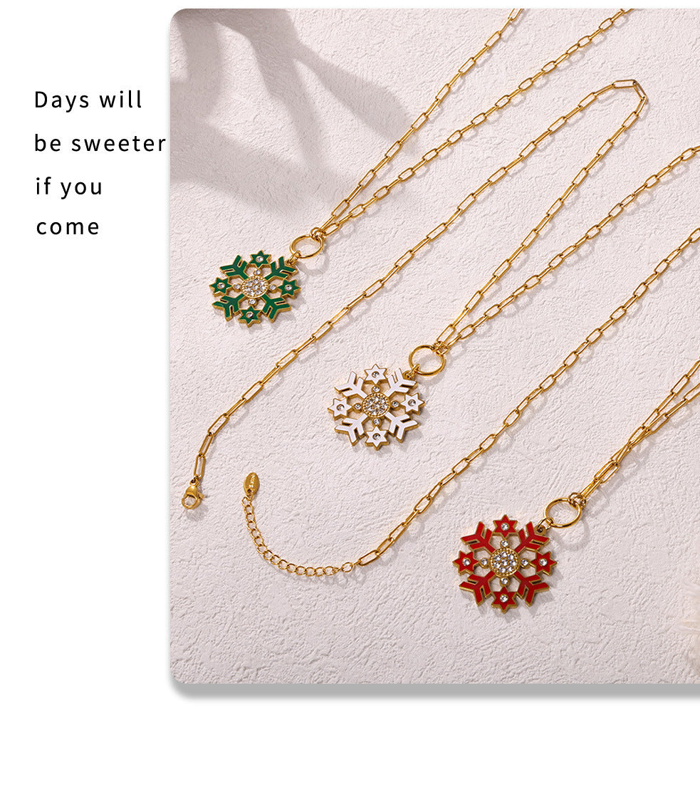 Gold Stainless Steel Christmas Snowflake Long Necklace – White, Green & Red Enamel Pendant Holiday Jewelry