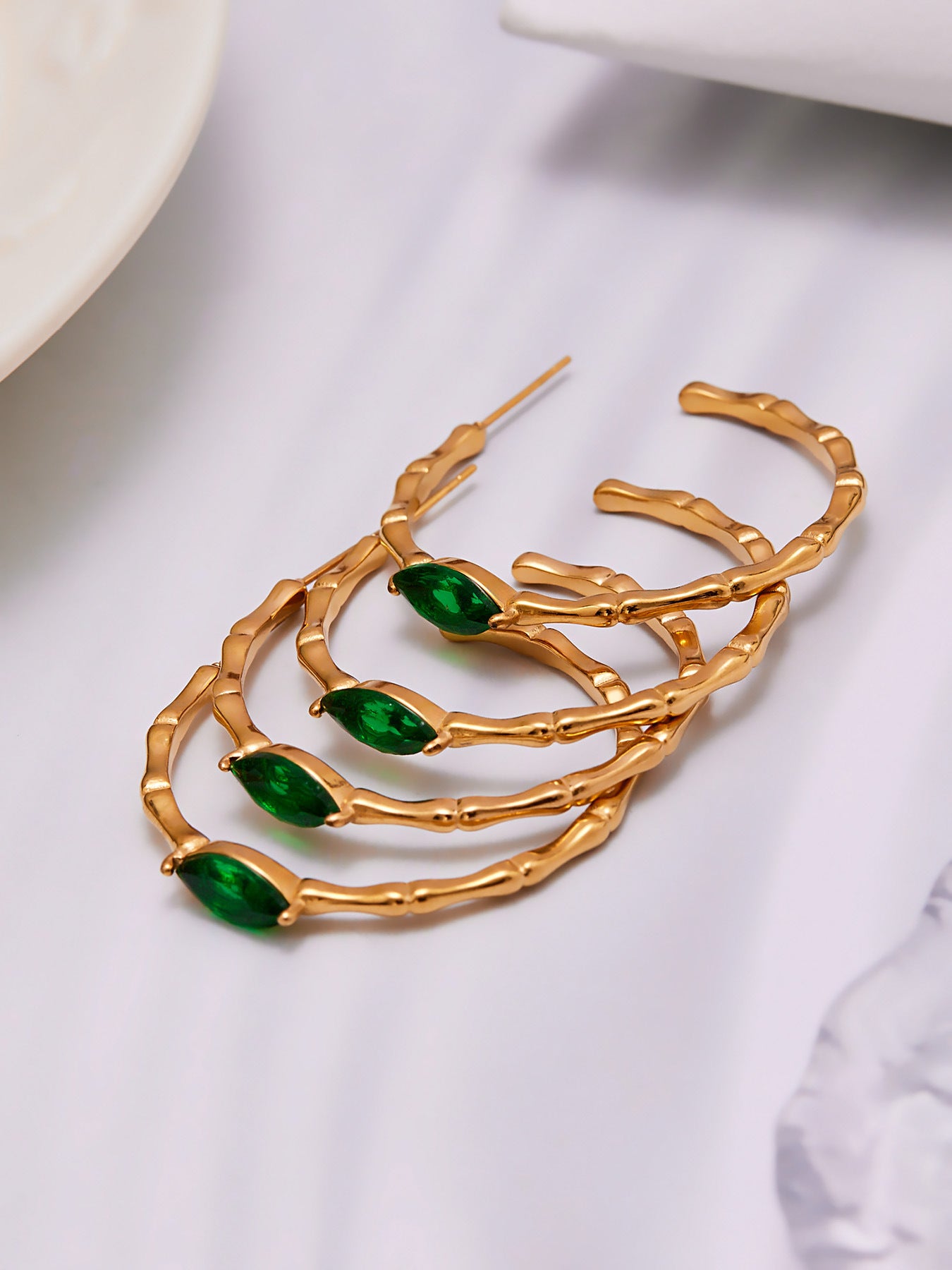 Geometric Bamboo C-Shaped Hoop Earrings with Glass Stone | Minimalist Stainless Steel Jewelry