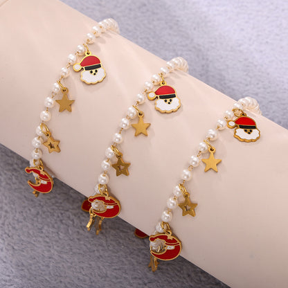 Christmas Santa Hat Star Gloves Pendant Necklace & Bracelet Set – Gold Plated Stainless Steel with Faux Pearl & Enamel