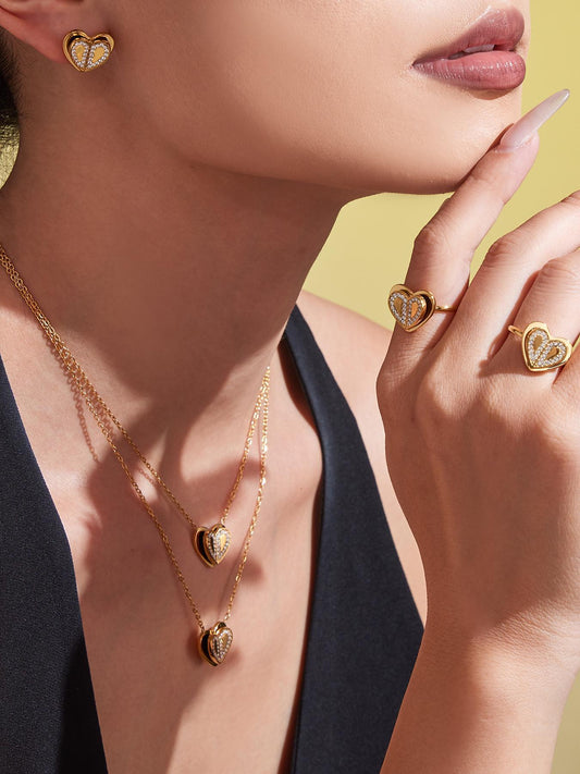 Double Heart Zircon Pendant Necklace, Earrings & Ring Jewelry Set - Gold & Steel Stainless Steel
