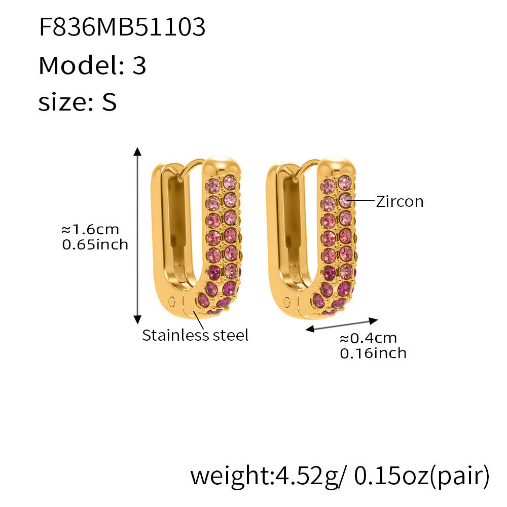 Stainless Steel Long U-Shaped Hoop Earrings with 5A Zircon – Elegant Colorful Statement Fashion Jewelry