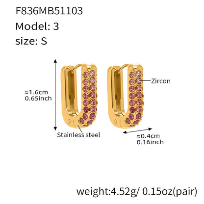 Stainless Steel Long U-Shaped Hoop Earrings with 5A Zircon – Elegant Colorful Statement Fashion Jewelry