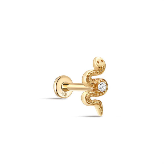 14K Solid Gold Snake Ear Piercing Stud with Sparkling Zircon – Serpent-Inspired Elegance