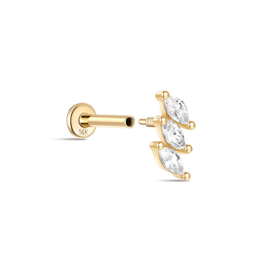 14K Solid Gold Zircon Leaf Stud Earring – Nature-Inspired Botanical Sparkle
