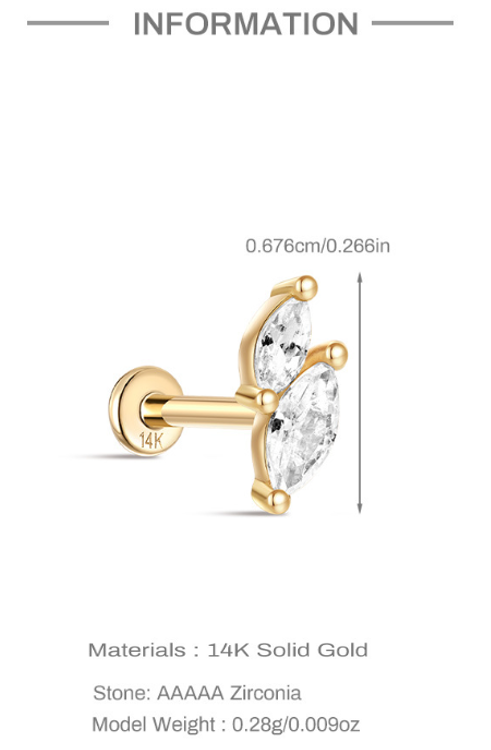 14K Solid Gold Leaf-Shaped Zircon Stud Earring – Dainty Nature-Inspired
