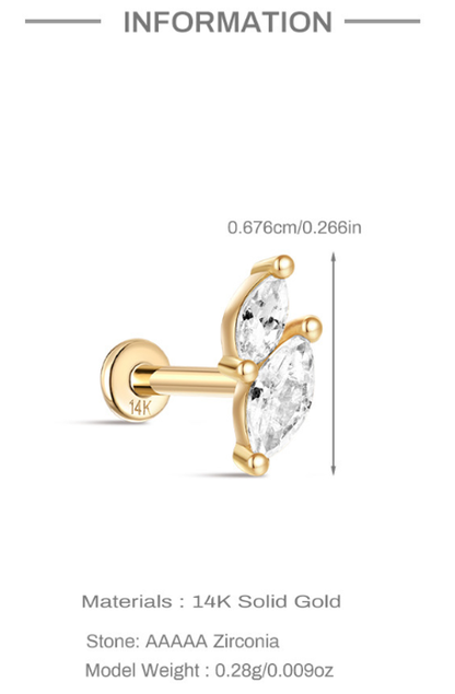 14K Solid Gold Leaf-Shaped Zircon Stud Earring – Dainty Nature-Inspired