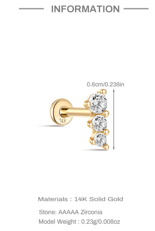 14K Gold Three-Round Zircon Stud Earring – Dainty Sparkle for Curated Ears