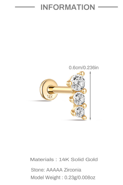 14K Gold Three-Round Zircon Stud Earring – Dainty Sparkle for Curated Ears