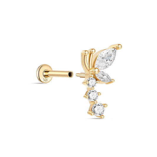 14K Solid Gold Five-Stone Crystal Ear Stud – Dainty Single Earring for Stacking