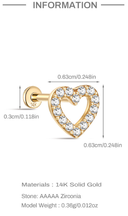 14K Yellow Gold Heart Stud – Dainty Earring for Cartilage or Lobe