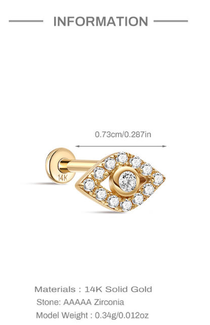 14K Solid Gold Eye Stud Earrings with Sparkling Zircon – Symbolic Everyday Jewelry