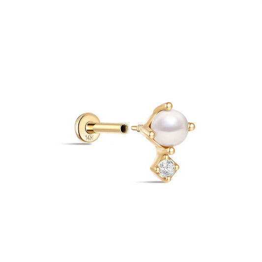 14K Yellow Gold Stud Earrings with Pearl & Zircon – Classic Elegance Redefined
