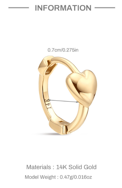 14K Gold Puffed Heart Stud – Single Dainty Earring for Piercings