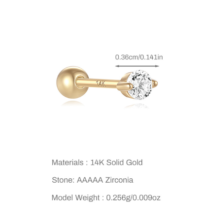 14K Gold Beaded Zircon Piercing Stud – Single Sparkle for Ear Stacks