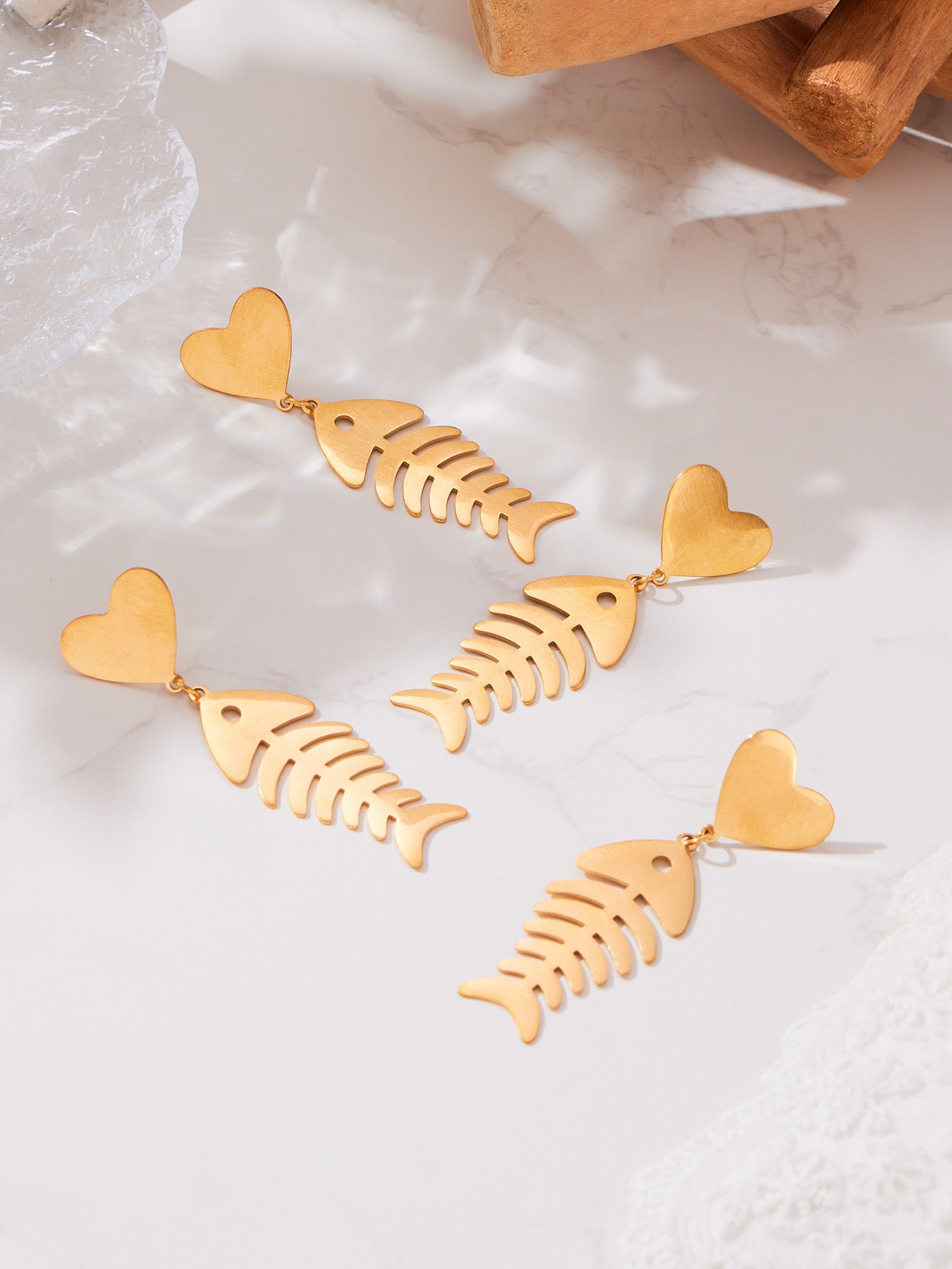 Hollow Fishbone Heart Necklace, Earrings & Ring Set – Long Sweater Chain Jewelry, Fashion Statement Set for Women