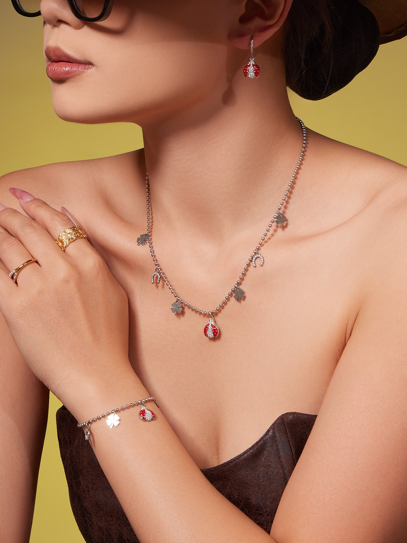Ladybug Pendant Necklace & Earrings Bracelet Anklet Set – Stainless Steel Cute Lucky Beetle Jewelry
