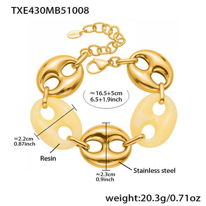 Colorful Resin Pig Nose Pendant Jewelry Set – Stainless Steel Necklace, Bracelet & Earrings | Trendy Chunky Chain Fashion Accessories