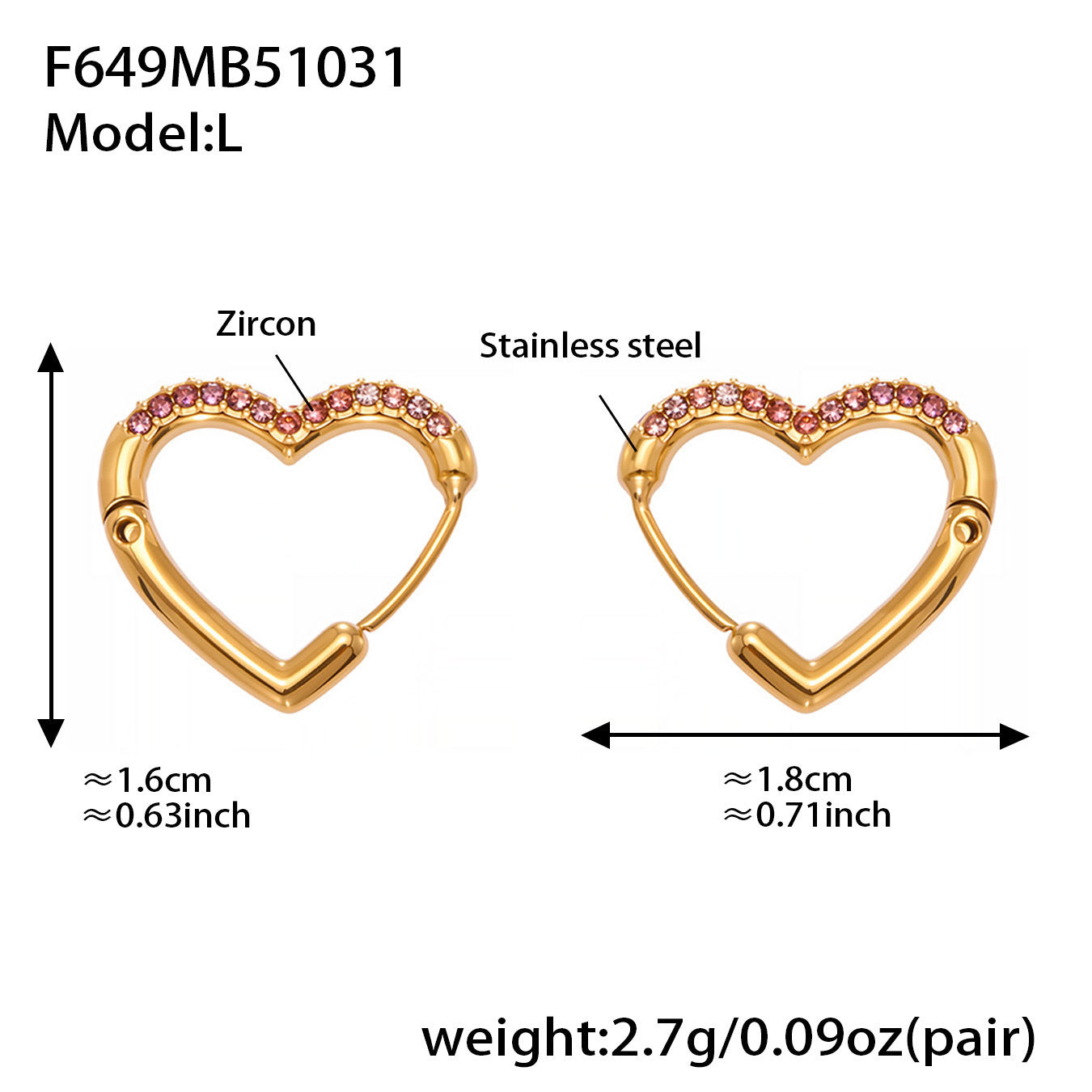 Colorful Cubic Zirconia Heart Hoop Earrings Set | Stainless Steel Simple Chic Ear Cuff for Women